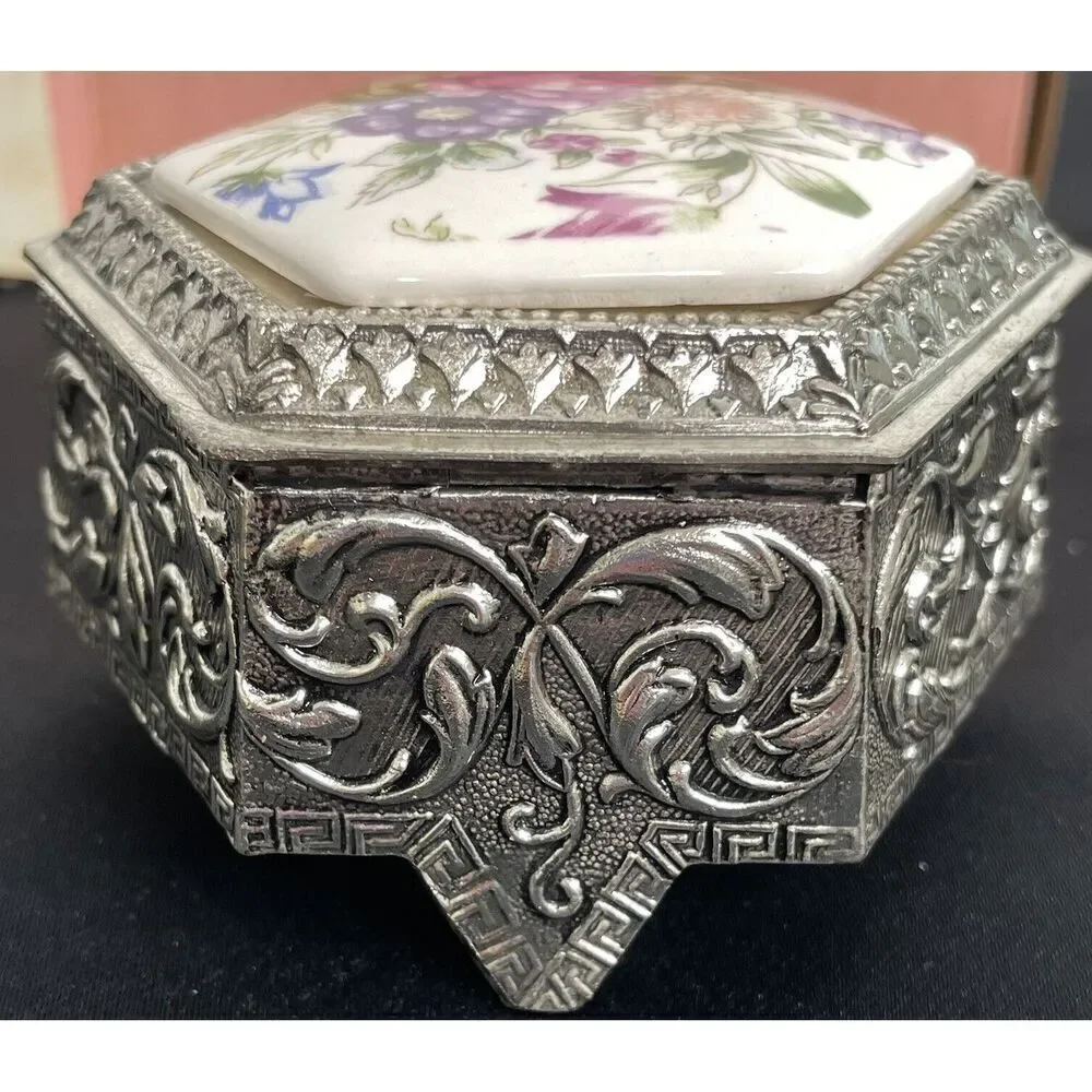 Vintage Japan Jewelry Trinket Box Silver Plated Painted Floral Hinged Top Lined - Picture 6 of 15